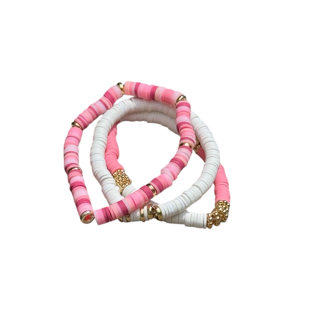Handmade Pink and White Handmade Heishi Beaded Bracelet Set